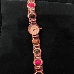 Vintage Monet Gold Tone Multicolor Scarab Bracelet Quartz Watch